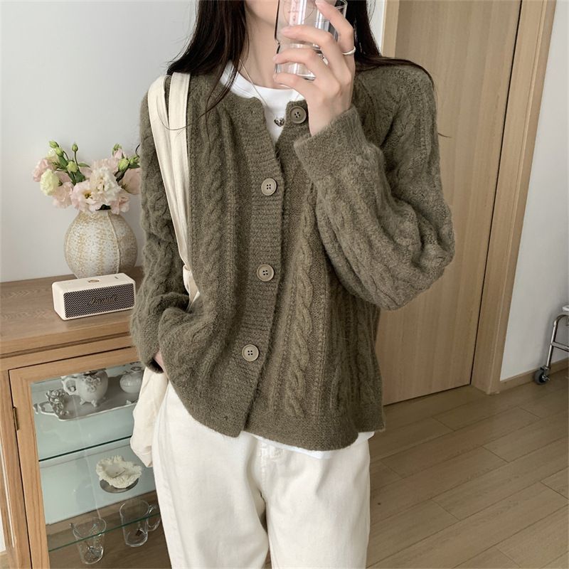Warm and soft glutinous twisted sweater coat for women autumn and winter new Japanese lazy style loose short knitted cardigan top_voghion.com