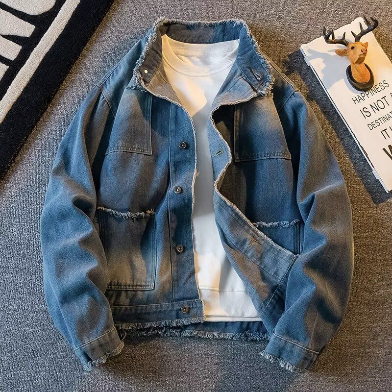 Giacca in denim primaverile casual e ampia a maniche lunghe da uomo alla moda con colletto, giacca da lavoro, top azzurro, di alta qualità_voghion.com