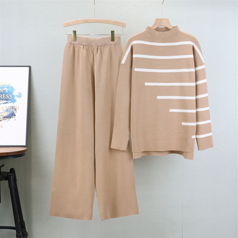 Women's Clothing autumn new long sleeved striped knitted suit for women loose half high collar fashionable wide leg pants sweater two piece suit_voghion.com