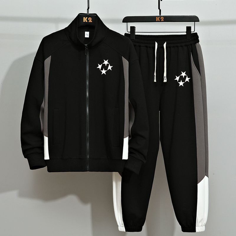 Winter-Ready Zip-Up Track Suit – Contrast Colorblock & Bold Letter Print (Black/Ivory)_voghion.com