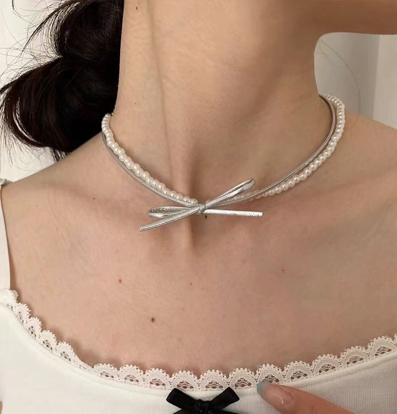 Conjunto de joias femininas da moda, gargantilha com laço prateado, gola dupla, design de nicho versátil, couro, estilo cyberpunk, faixa de pescoço_voghion.com