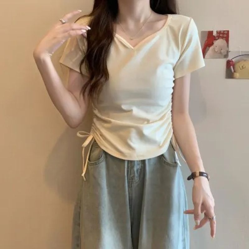 Maglietta a maniche corte con coulisse in stile coreano, nuova ed estiva, a coste, alla moda, con scollo a V, per donna_voghion.com