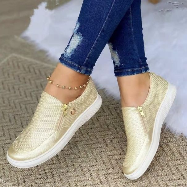 Women's Casual Slip-On Loafers With Zipper - Round Toe Flat Shoes For Autumn Winter, Neutral Style PU Leather Comfortable Walking Shoes_voghion.com