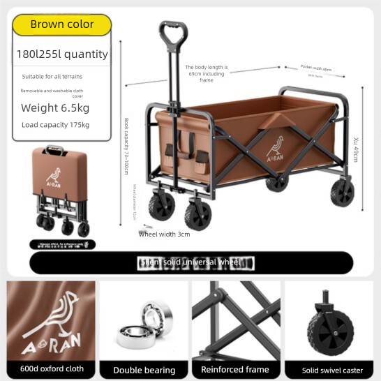 Aoran Foldable Outdoor Hand Push Picnic Camp Trailer Trolley Small Table Board Camping Cart Black Double Brake Aircraft_voghion.com