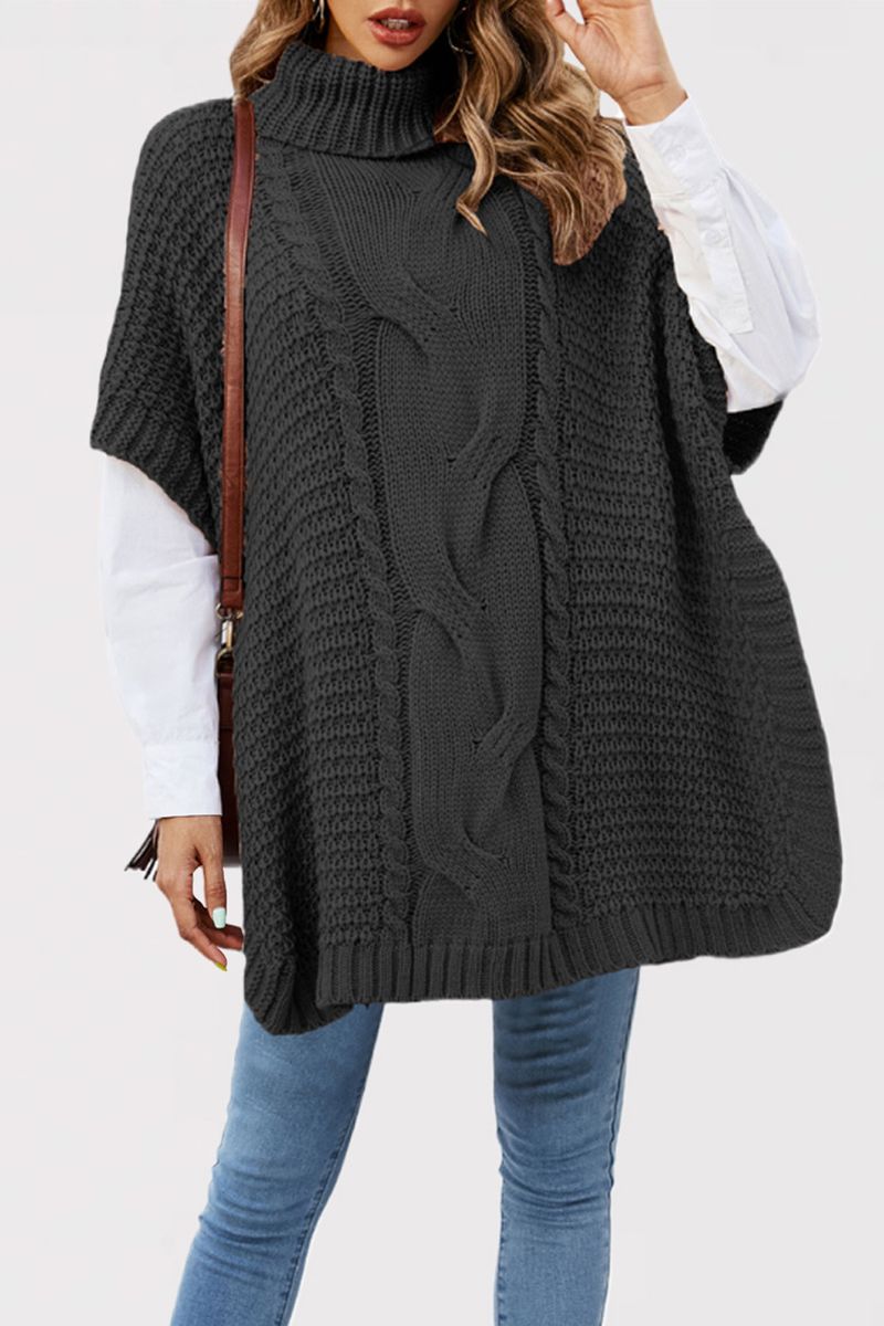 Damen Rollkragenpullover mit Twist-Schal, gestrickt, lockerer, halbärmeliger Weste-Pullover_voghion.com