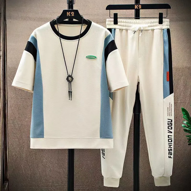 Men's Clothing Summer sports suit for men casual short sleeved cropped pants two piece suit for junior high school students men's clothing full set_voghion.com