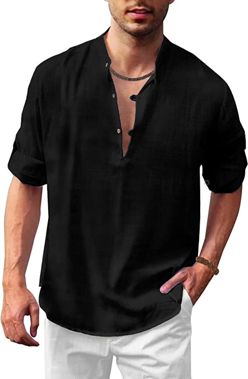 Ropa de hombre Camisa hippie casual de playa de lino y algodón Camiseta de manga larga * Camisa_voghion.com