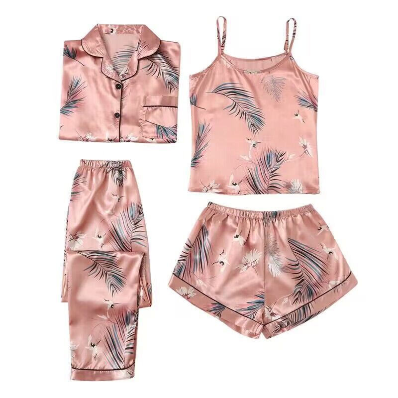 Pyjama à la mode pour femme, style bretelles, ensemble fin en quatre pièces, polyvalent toute l'année_voghion.com