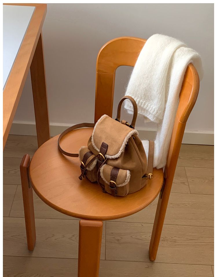 Zaino piccolo da donna multifunzionale in pelle scamosciata di lana di agnello, multitasche, alla moda, versatile, per il tempo libero, quotidiano_voghion.com