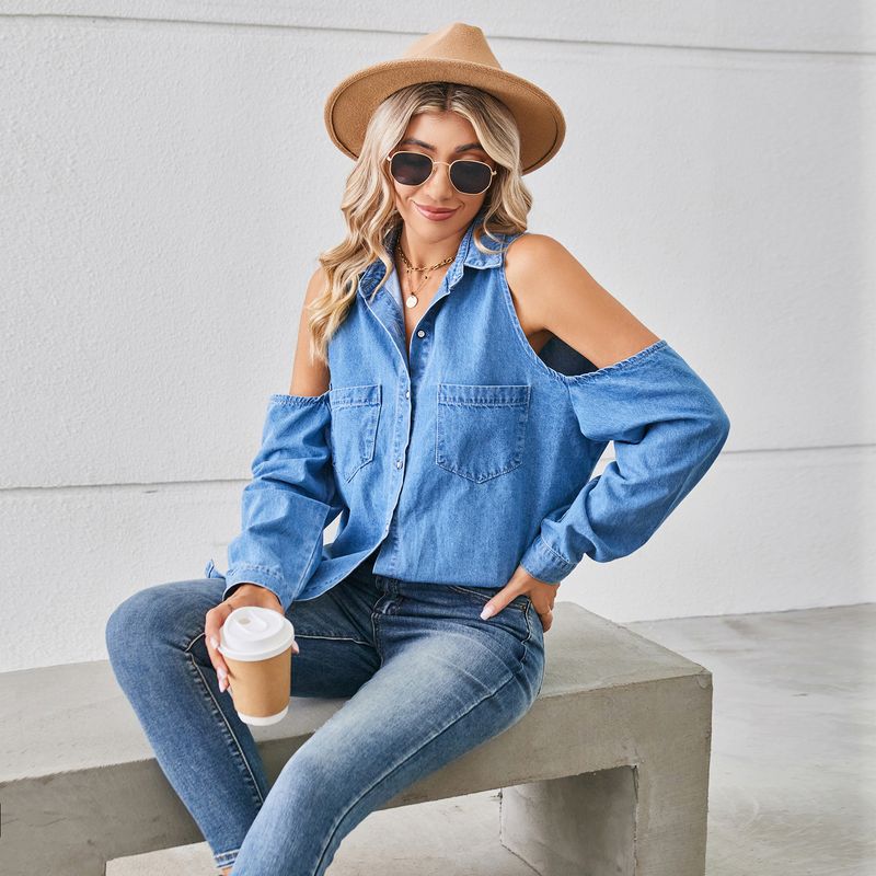 haut de chemise à manches longues en denim creux à épaules dénudées pour femmes_voghion.com