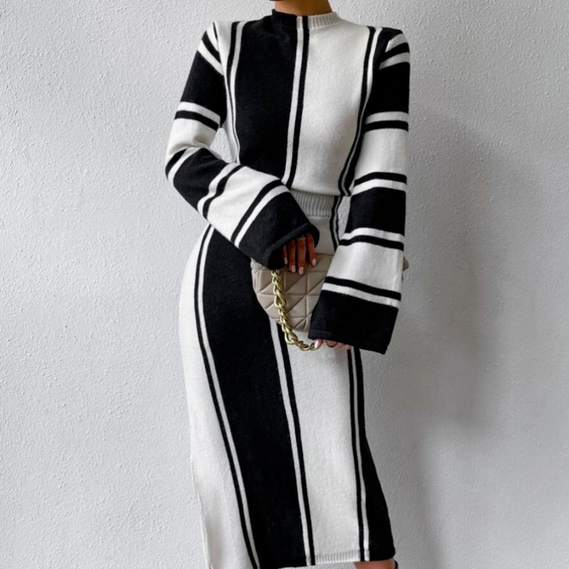 Damenbekleidung Frühlingspulloverkleid Langes gestreiftes Rundhals-Strickkleid für Damen_voghion.com