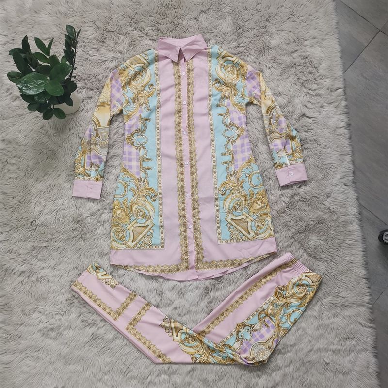 Damkläder Rosa, elegant skjortklänning med tryck och slag, avslappnad tvådelad kostym_voghion.com