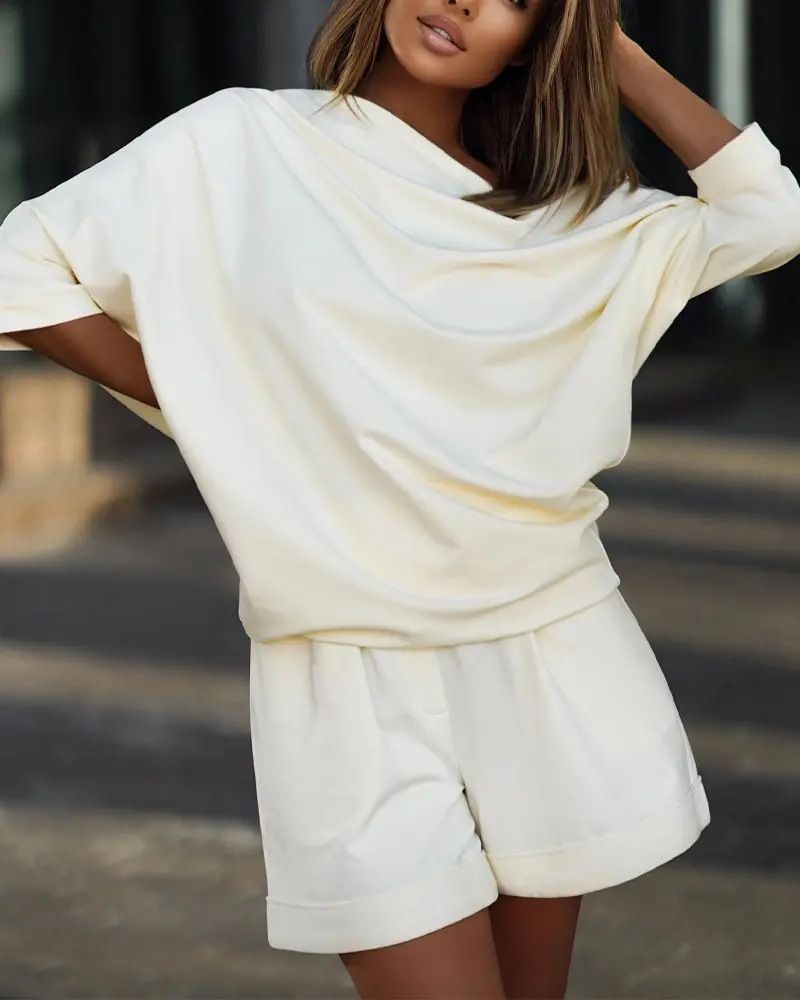 Ensemble deux pièces pour femme, haut et short mi-longs, imprimé, col rond, tendance et décontracté_voghion.com