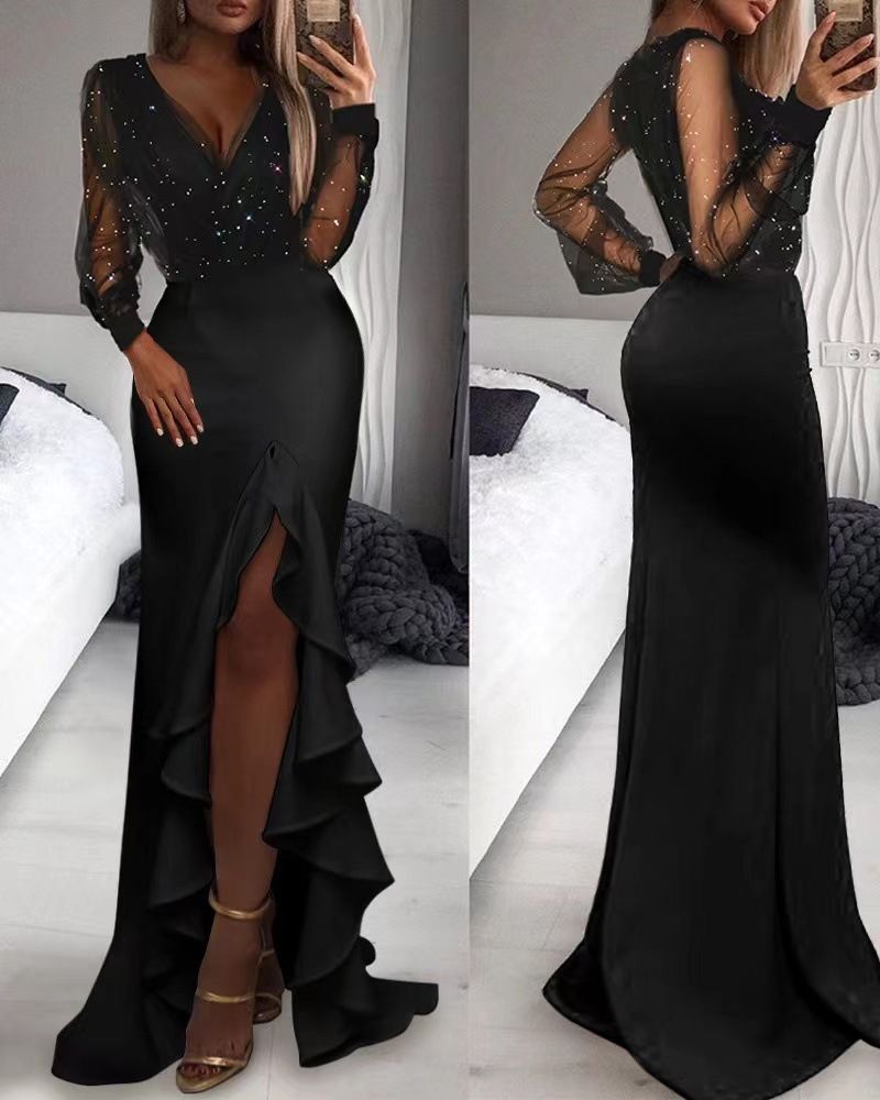 Rochie lungă cu mânecă lungă, model mânecă scurtă, cu talie medie, din plasă artistică, cu paiete, stil feminin, pentru navetiști_voghion.com