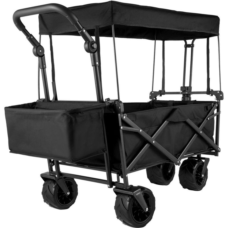 Extra Large Collapsible Garden Cart With Removable Canopy, Folding Wagon Utility Carts With Wheels And Rear Storage, Wagon Cart For Garden, Camping_voghion.com