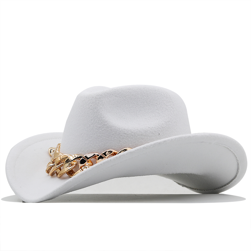 Nye ankomster Menn Damer Western Cowboy Med gullkjede Bred Brem Pop Jazz Vinterullhatt Størrelse 56-58CM_voghion.com