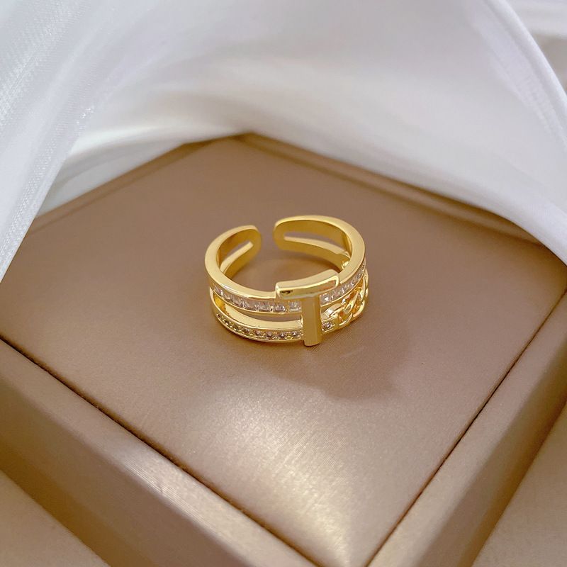 【Oro vero】 Catena in zirconio T con diamanti pieni e apertura regolabile, anello semplice fatto a mano, anello di coppia_voghion.com