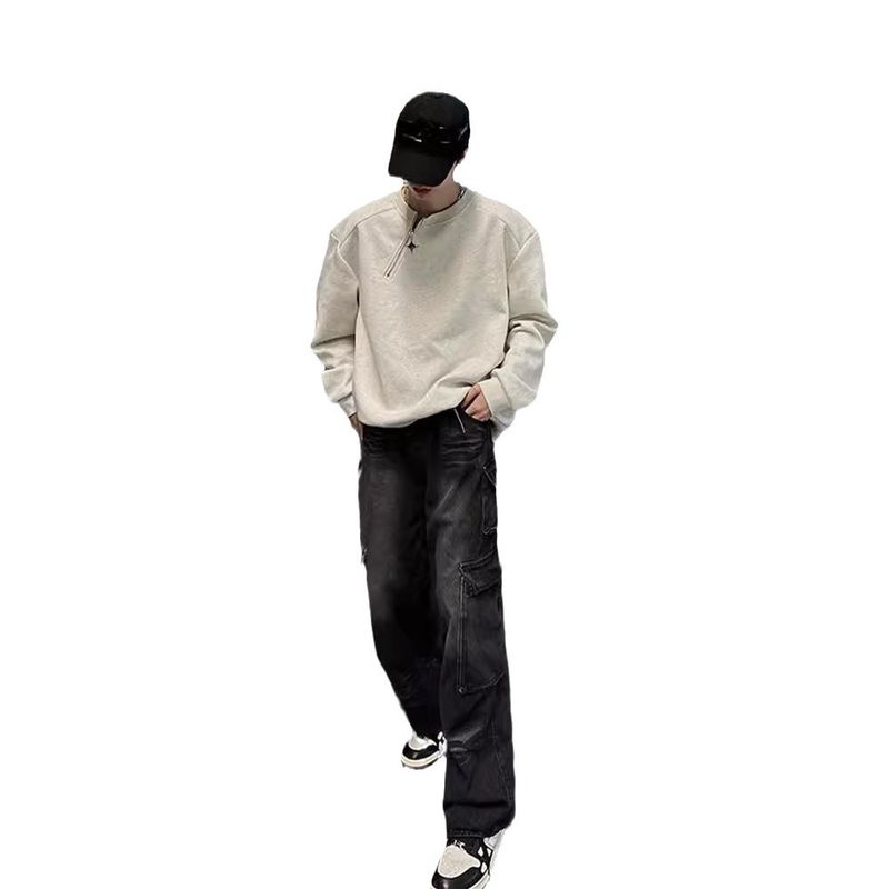 Half zip spliced flower gray hoodie for boys with round neck, loose and niche design, high-end and stylish, suitable for wearing_voghion.com