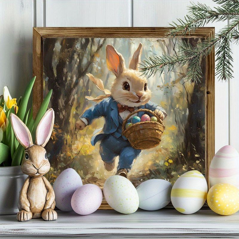 "8x8" Art Deco Wooden Easter Bunny Sign - Whimsical Rabbit Wall Art, Farmhouse Decor | No Power Needed | Perfect Housewarming Gift_voghion.com