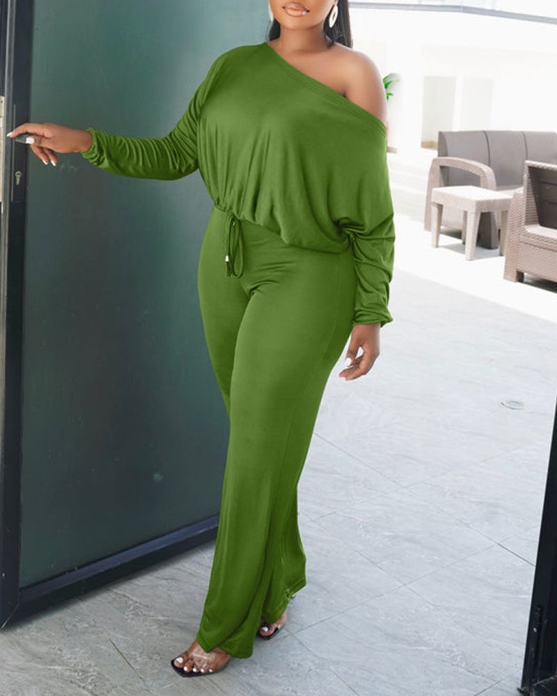 Women's Clothing solid color off-shoulder waist drawstring suit_voghion.com