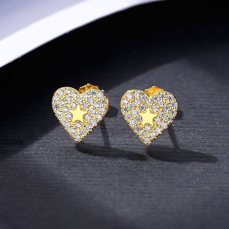 Orecchini a bottone con zirconi e stelle a cuore per donna Argento sterling CZ Piccolo designer Personalità Festa di fidanzamento s_voghion.com