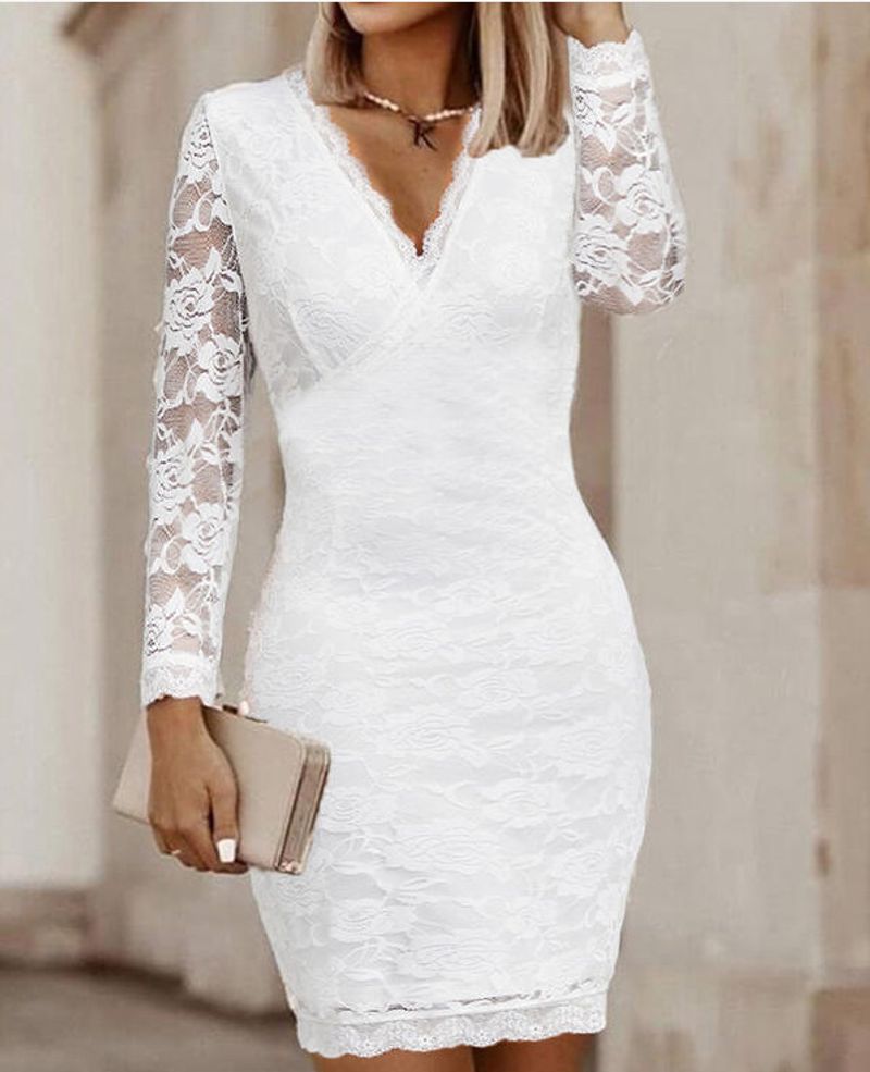 Damenbekleidung, V-Ausschnitt, einfarbig, schmales, langärmliges Spitzenkleid, weißer Hüftrock_voghion.com