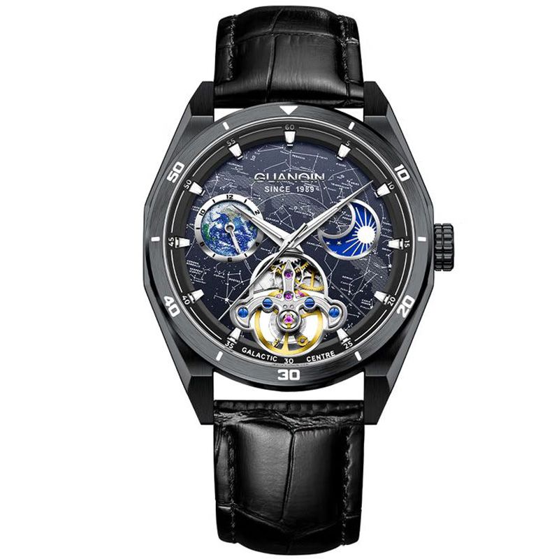 GUANQIN Luxury Mechanical Watch For Man Automatic Tourbillon Moonphase Silicone Leather Strap Leisure Waterproof Luminous Clock_voghion.com