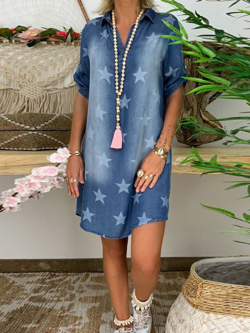 Vendita diretta in fabbrica da donna abbigliamento donna transfrontaliero multicolor multi-size estate pullover con scollo a V manica corta abito in denim stella a cinque punte_voghion.com