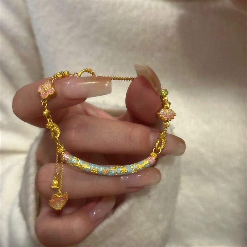 Pulseira curvada estilo vento azul queimado 2024, meia pulseira para mulheres, esmalte banhado a ouro antigo, joias de alta qualidade_voghion.com