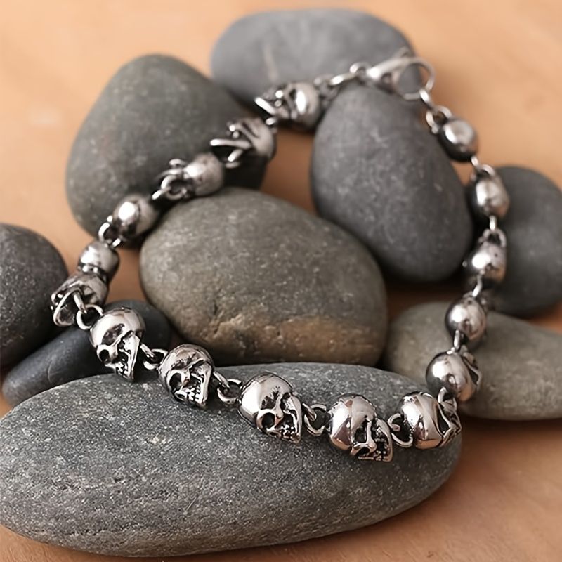 Stainless Steel Skull Bead Linked Strand Bracelet For Men And Women, Gothic Punk Rock Biker Skull Jewelry Gift_voghion.com