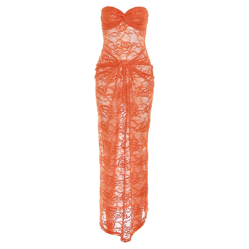 Damenbekleidung, modisches und sexy, brustumwickeltes, durchsichtiges Spitzenkleid mit schmaler Passform und Hüftwickel_voghion.com