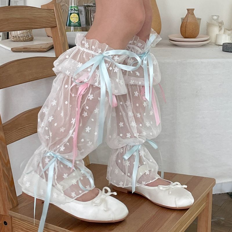 White Pile New Arrival Sweet Girl French Ballet Strap Flower All Match Leg Mid Tube Socks Covers_voghion.com