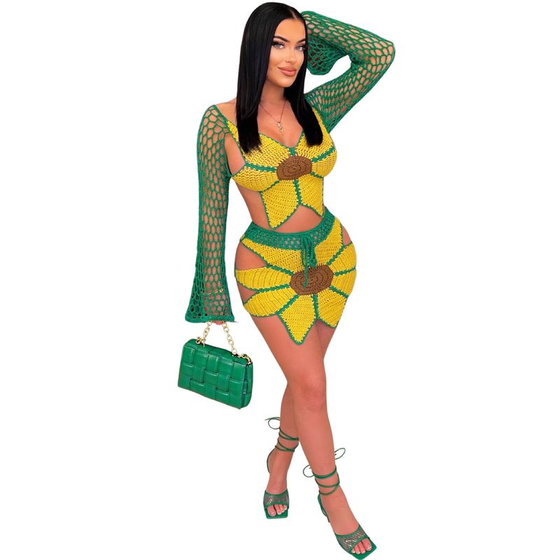 Damen-Strandanzug, sexy handgefertigter gehäkelter Sonnenblumen-Modeanzug_voghion.com