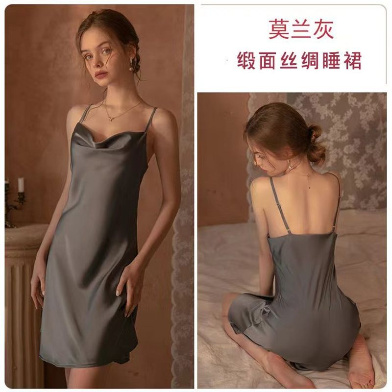 Pijamale cu guler leagăn de mătase sexy de culoare pură nouă europeană și americană mireasa nuntă bretele din mătase de gheață cămașă de noapte fără spate haine de acasă_voghion.com
