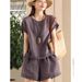 Audday Summer New Fashionable Cotton Linen Casual For Women, Stylish Loose T-Shirt And Wide-Leg Shorts, Solid Color Two-Piece_voghion.com