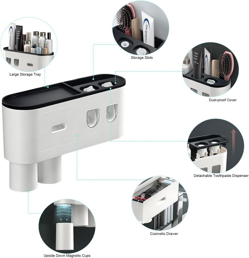 choiceness Dual Toothpaste Dispenser - Wall Mount With 6 Brush Slots_voghion.com