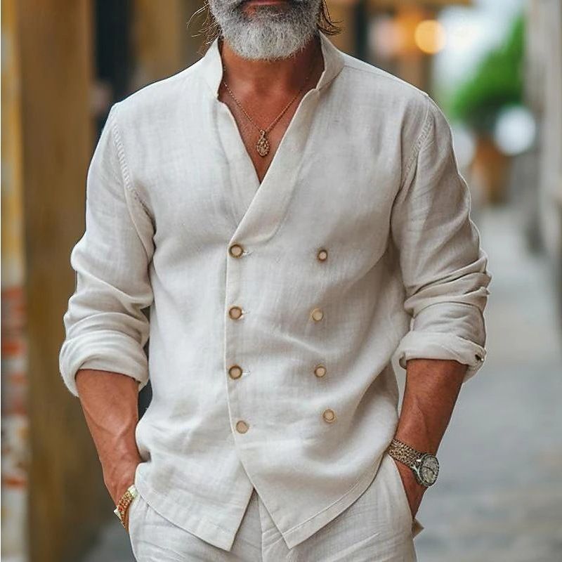 Camicia doppiopetto oversize da uomo - Giacca casual a maniche lunghe in misto lino, vestibilità comoda, apertura frontale_voghion.com