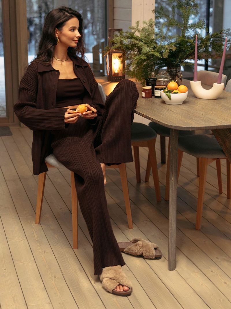 Damenmode-Pit-Strip-Pullover-Cardigan + Hose mit weitem Bein, zweiteiliges Set_voghion.com