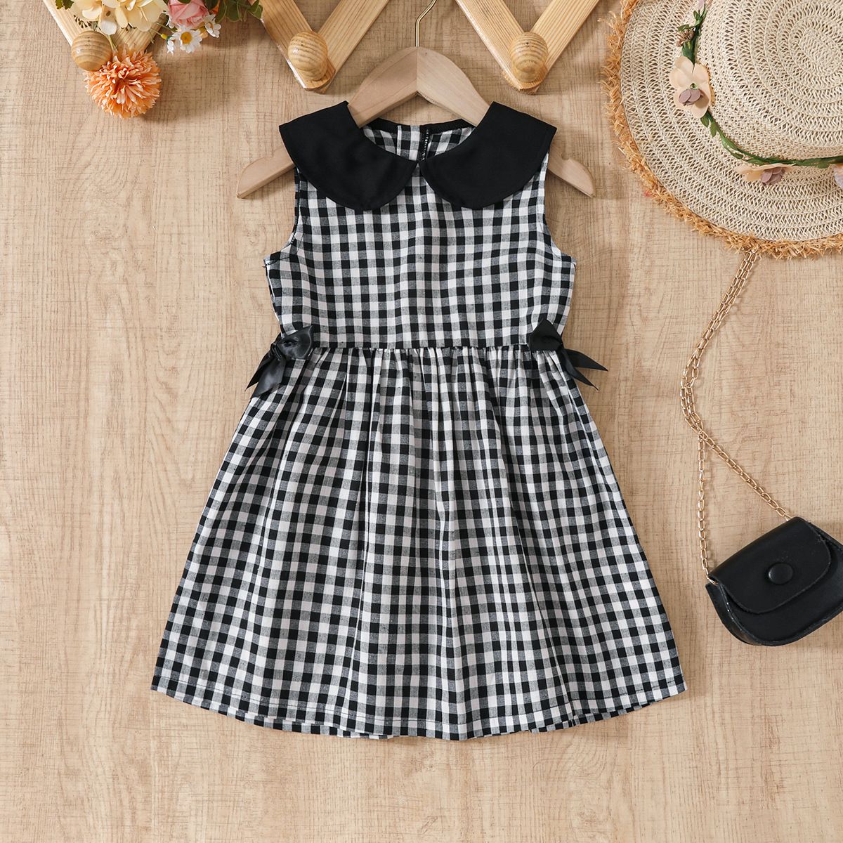 Girls Summer Plaid Princess Dress Female Baby Retro Small Pan Collar Dress Vest Skirt_voghion.com