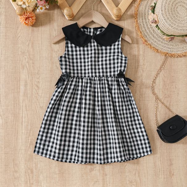 Girls Summer Plaid Princess Dress Female Baby Retro Small Pan Collar Dress Vest Skirt_voghion.com