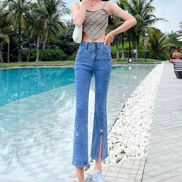 Jean coupe ouverte printemps-automne, coupe slim avec taille haute et effet amincissant. Petite taille, pantalon légèrement évasé,_voghion.com