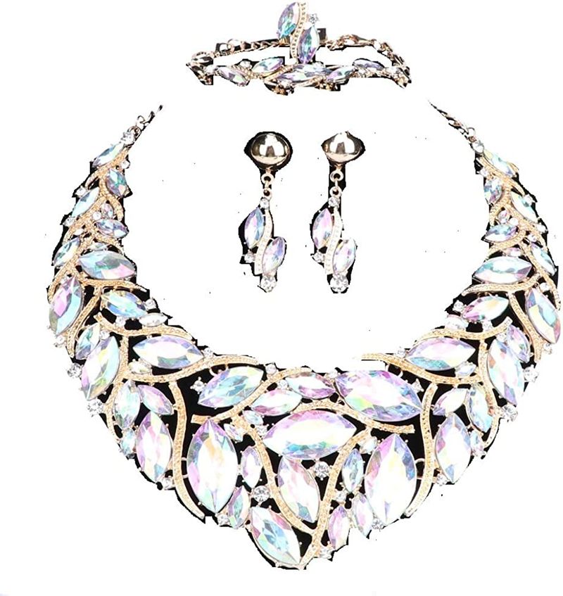Ridal kostuum sieraden sets kristallen choker ketting oorbellen ring armband set voor bruiloft feestjurk met cadeau_voghion.com