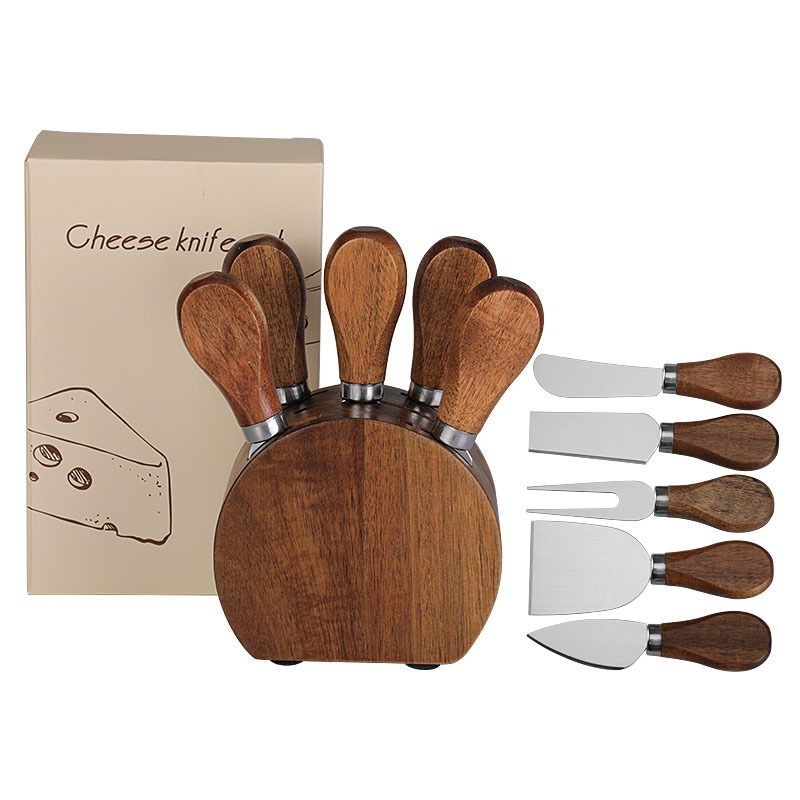 Stainless Steel Acacia Wood Base Cheese Spatula Fork Cream Knife 6-Piece Set_voghion.com