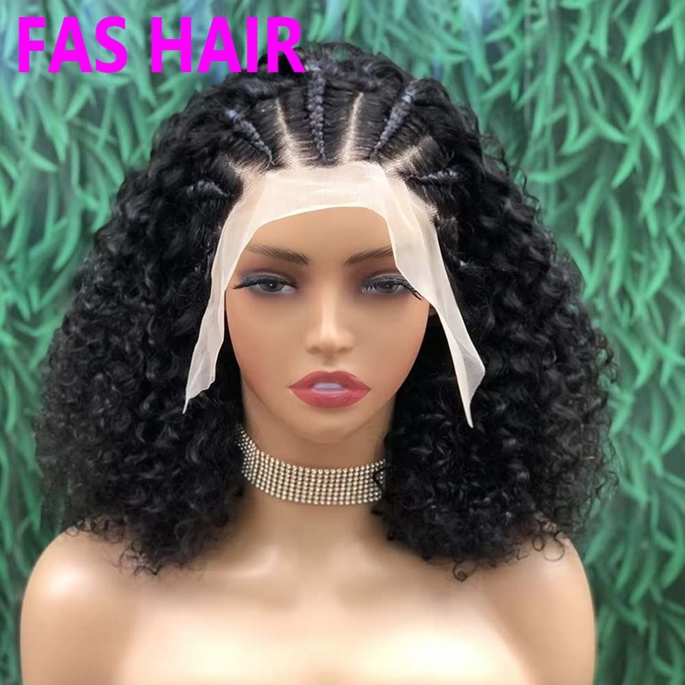 Parrucca corta bob 100% capelli umani - stile mezza treccia e mezza riccia, pizzo frontale senza colla (resistente al calore, nero naturale, densità 180%)_voghion.com