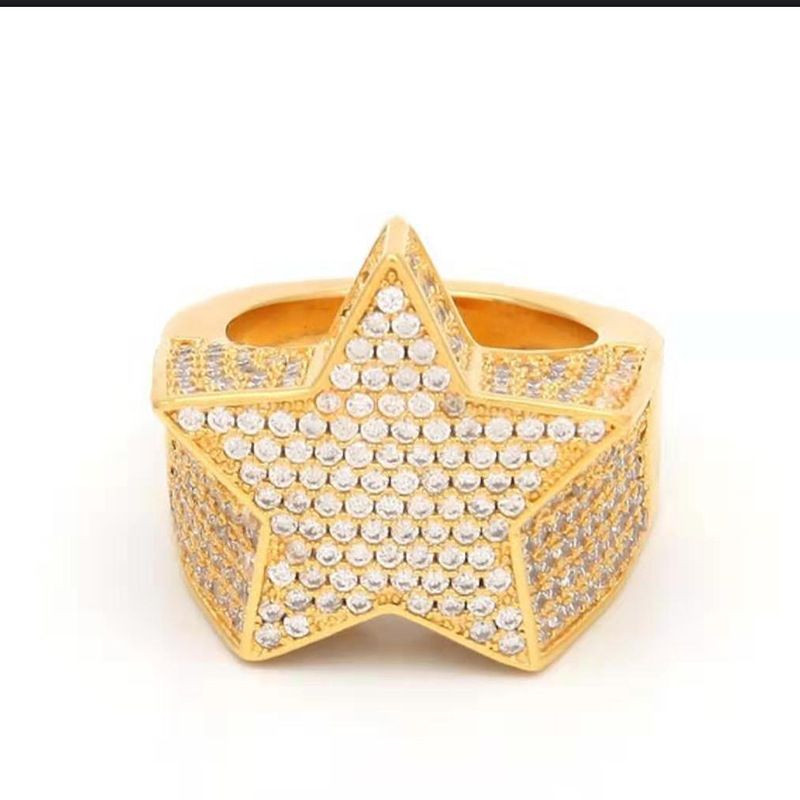 Huajie New Hip-Hop Full Diamond Micro-Paved Zircon Pentagram Ring Men's Jewelry_voghion.com