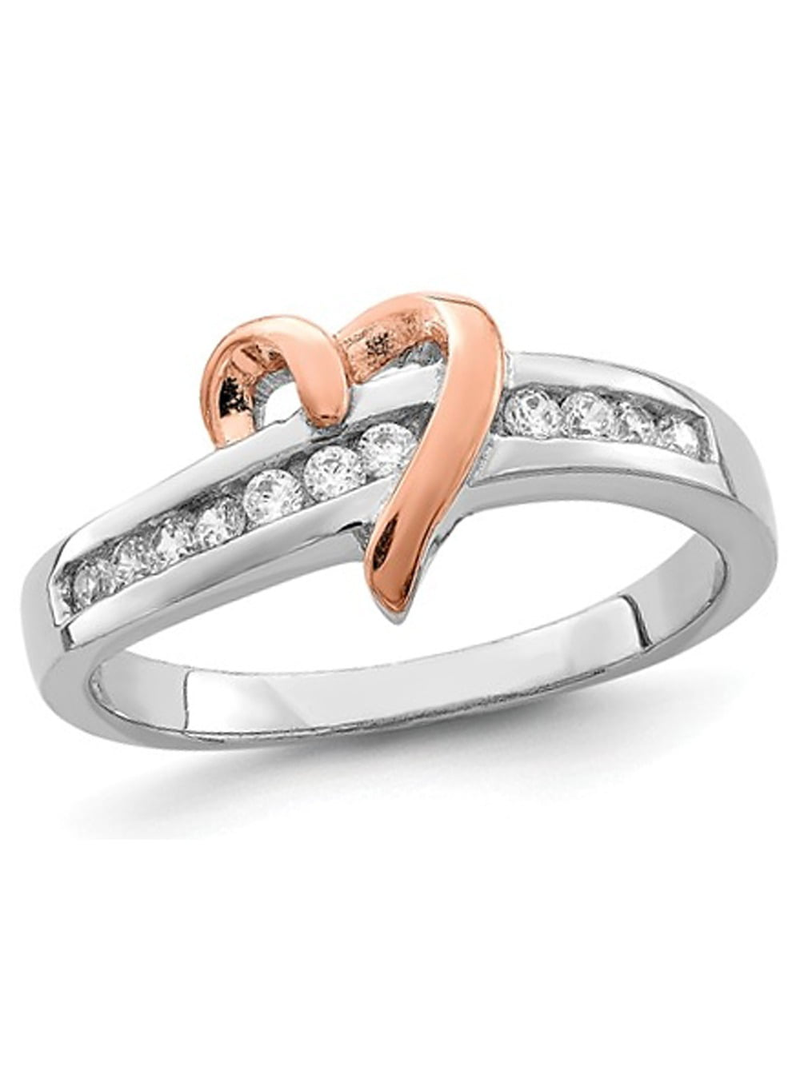 Anello Sterling Sier in vermeil bianco e giallo con cuore lucido e zirconi cubici (CZ)_voghion.com