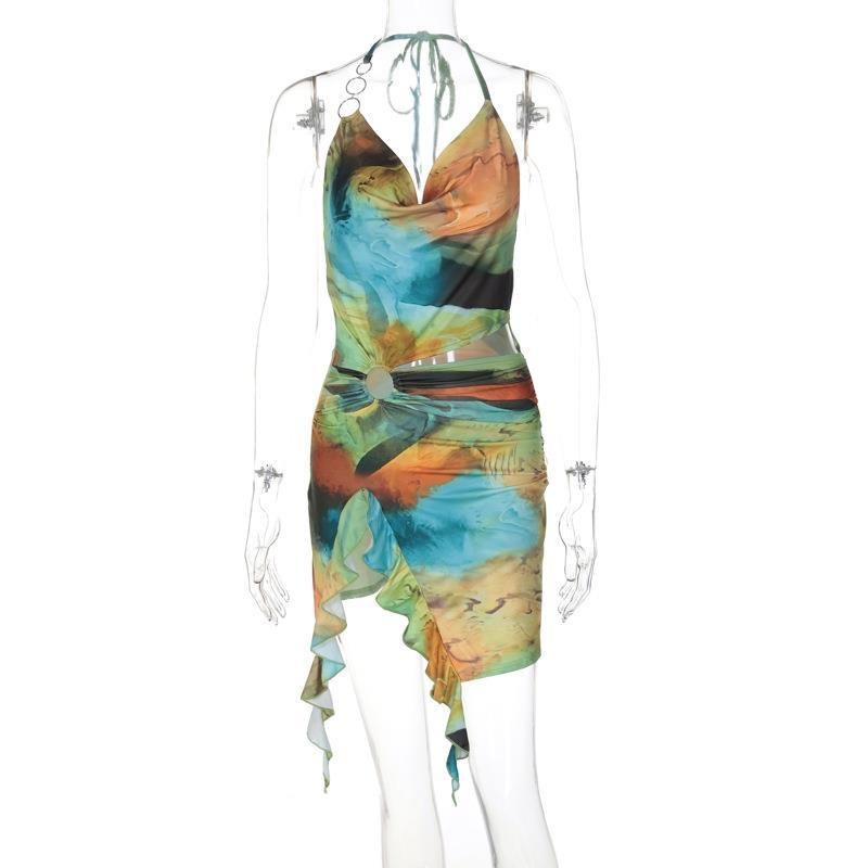 Damenmode 2025 Sommer Neuer Druck Sexy Rückenfreies Krawattenkleid_voghion.com