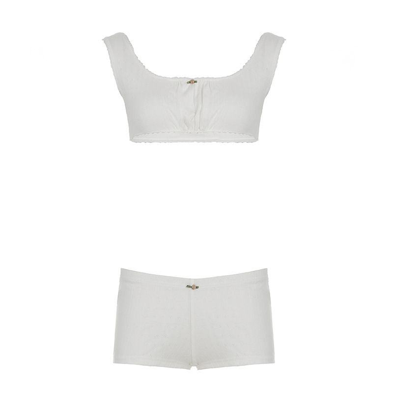 Completo casual da donna in maglia jacquard con inserti in pizzo, canotta e pantaloncini a U con scollo a V profondo, stile Pure Desire_voghion.com