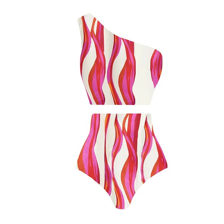 Damenbekleidung Bikini Neue Schulter Gestreifter Druck Hohe Taille Split Badeanzug Anzug Weibliche Cross Border Heißer Stil_voghion.com