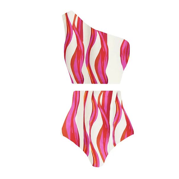 Damenbekleidung Bikini Neue Schulter Gestreifter Druck Hohe Taille Split Badeanzug Anzug Weibliche Cross Border Heißer Stil_voghion.com